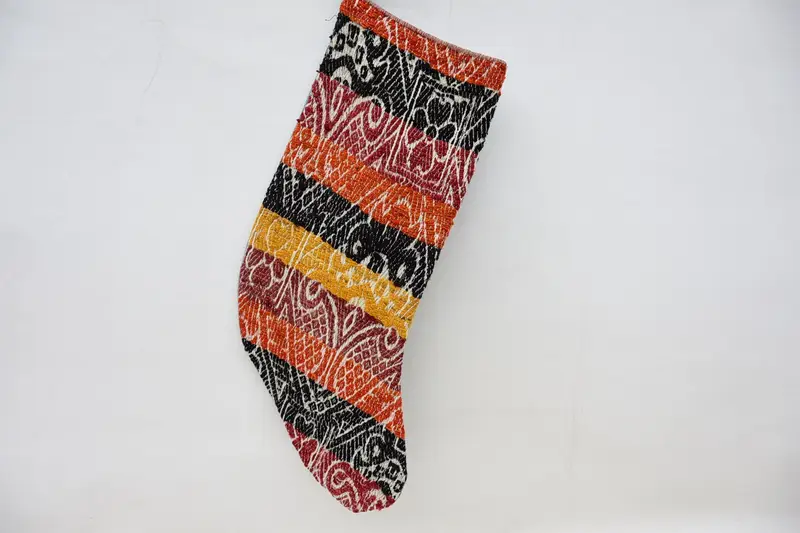 Festive Christmas Ornaments Pattern, 9 Inch Wide Beige & Orange Stocking