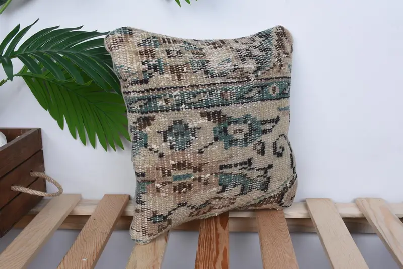 Turkish Kilim Pillow, 12x12 Beige Cushion Case, Vintage Kilim Pillow, Boho Pillow Sham Cover, Cushion, Retro Pillow Cover - 4