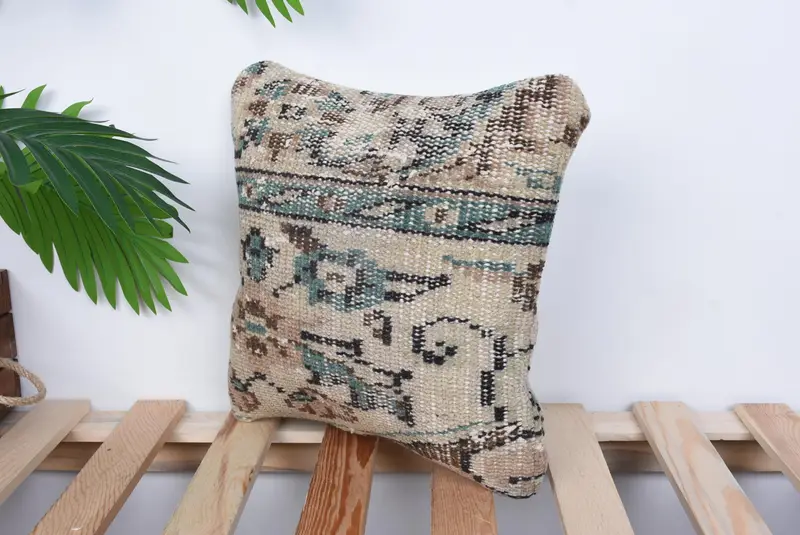 Turkish Kilim Pillow, 12x12 Beige Cushion Case, Vintage Kilim Pillow, Boho Pillow Sham Cover, Cushion, Retro Pillow Cover - 5