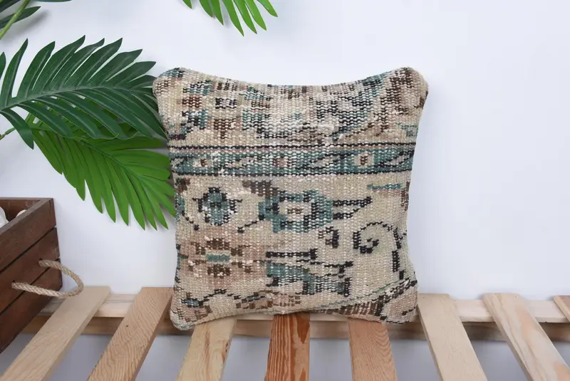 Turkish Kilim Pillow, 12x12 Beige Cushion Case, Vintage Kilim Pillow, Boho Pillow Sham Cover, Cushion, Retro Pillow Cover - 1