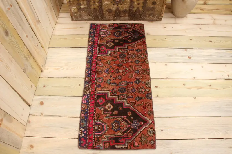 El Yapımı Bronz Halı, 1.2x0.3 ft Pembe Şeritli ve Geometrik