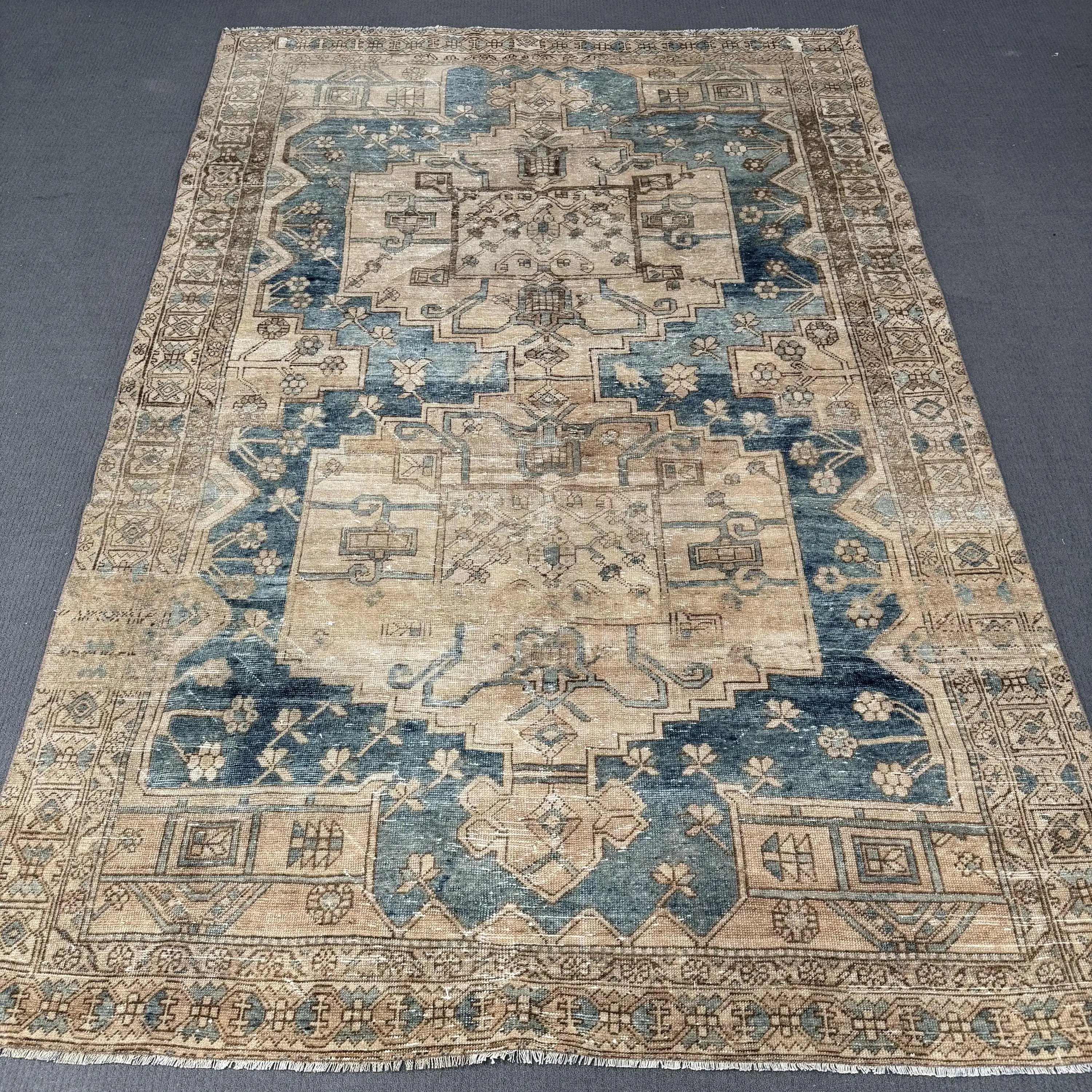 Türk Vintage Büyük Halı 6.6x9.7 ft (201x297 cm), Mavi Soyut Halı - 1