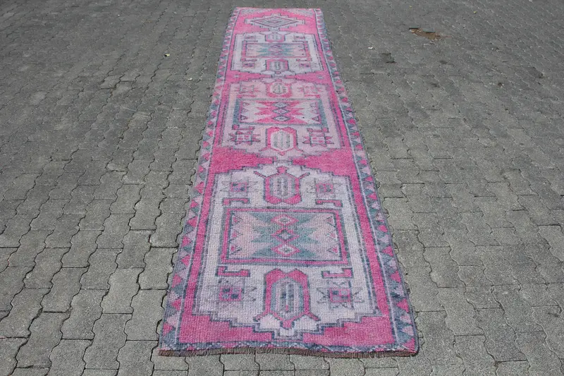 Alfombra vintage Runner de 2,8x12,4 pies, alfombra turca, alfombra de lana azul rosa - 1