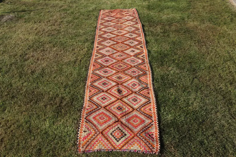 Türk 2.6x12.6 ft Halı, Kilim Vintage Halı, Turuncu Paisley Yün Halı - 1