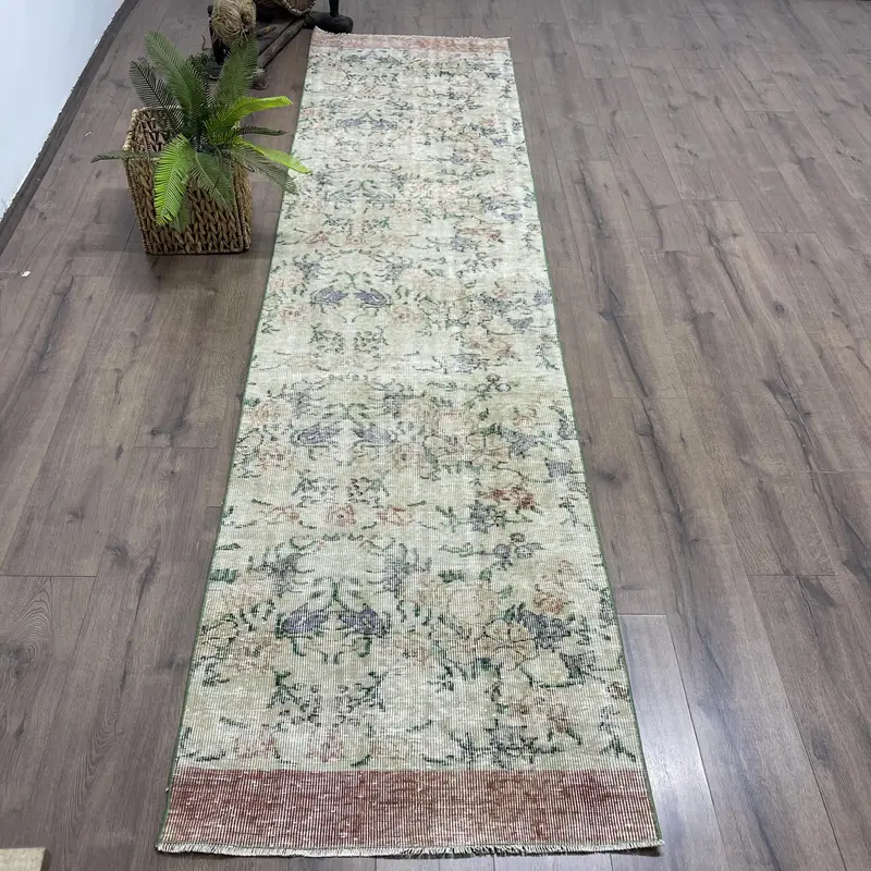 2.7x10.8 ft Runner Vintage Turkish Rug, Green Patchwork Wool Rug - 1