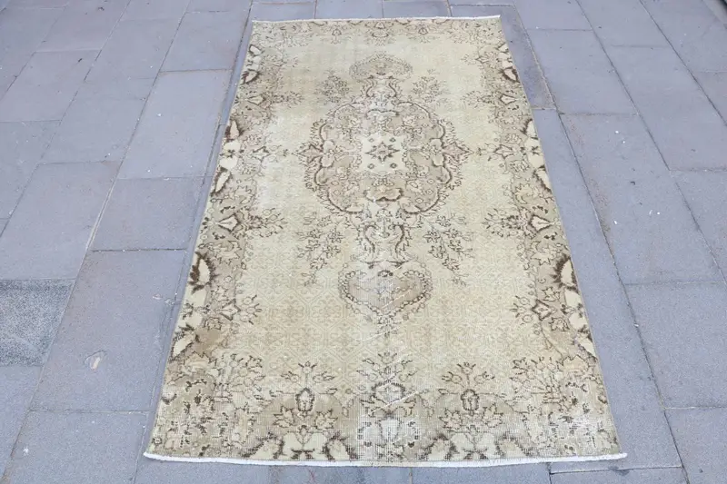Turkish Oushak Accent Rug 3.5x6.4 ft (106x194 cm), Vintage Brown Camouflage Wool Rug - 1