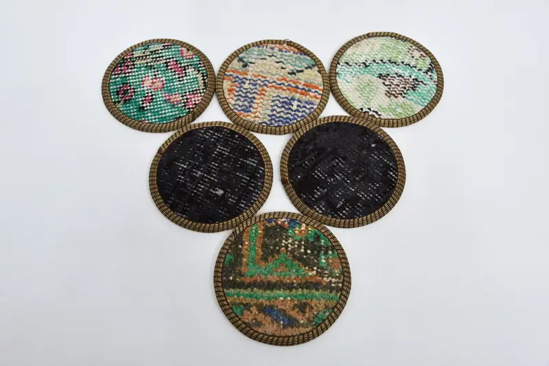 Posavasos Kilim azules y verdes, posavasos de alfombra étnica antideslizantes