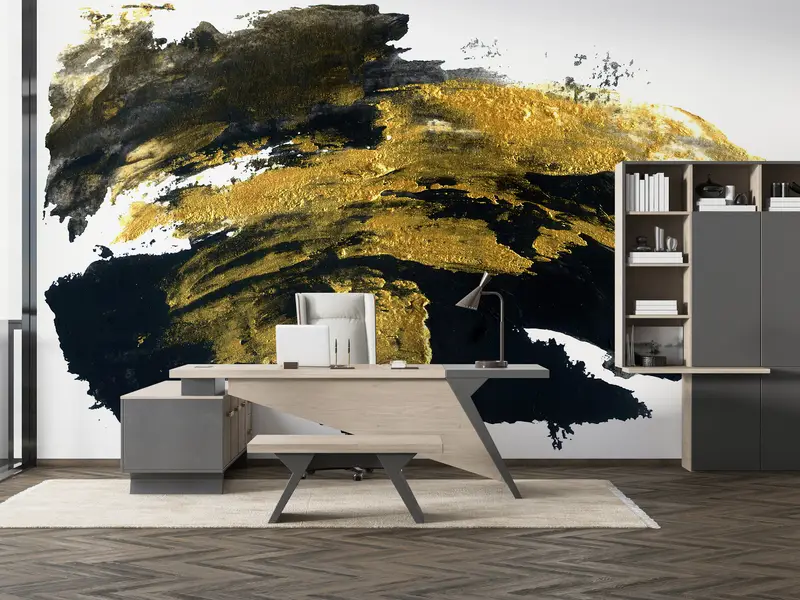 Black And Gold Brush Effect, Gold Wall Decor, Contemporary Wall Mural, Abstract Marble Wall Decor, Modern Wall Painting, - 4