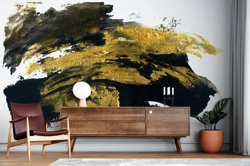 Black And Gold Brush Effect, Gold Wall Decor, Contemporary Wall Mural, Abstract Marble Wall Decor, Modern Wall Painting, - 6