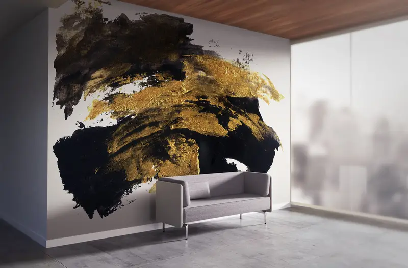 Black And Gold Brush Effect, Gold Wall Decor, Contemporary Wall Mural, Abstract Marble Wall Decor, Modern Wall Painting, - 1