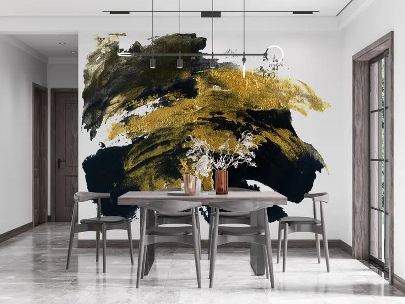 Black And Gold Brush Effect, Gold Wall Decor, Contemporary Wall Mural, Abstract Marble Wall Decor, Modern Wall Painting, - 7