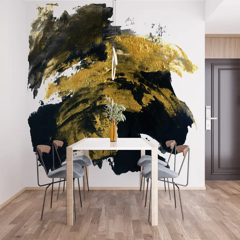 Black And Gold Brush Effect, Gold Wall Decor, Contemporary Wall Mural, Abstract Marble Wall Decor, Modern Wall Painting, - 5
