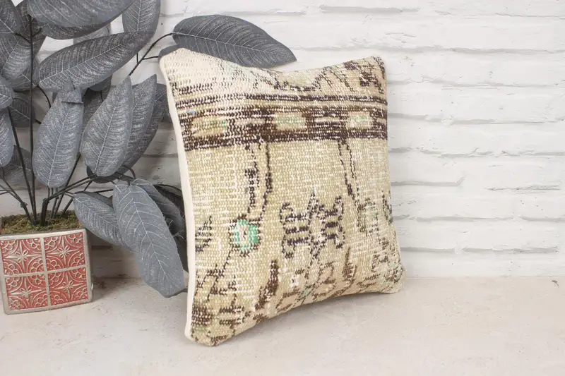 Boho Pillow, Vintage Kilim Throw Pillow, 14x14 Beige Pillow Sham, Lounge Throw Pillow Case, Bright Cushion Case, Vintage Kilim Pillow, Cushion Cover - 3