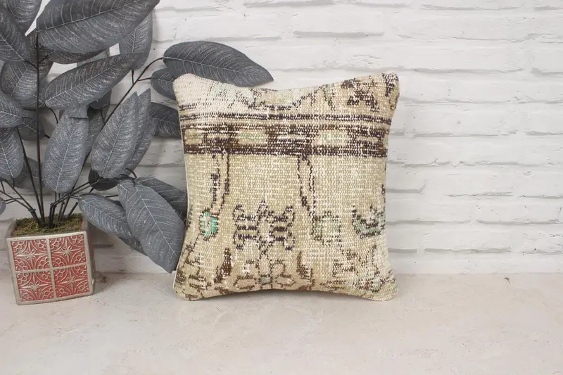 Boho Pillow, Vintage Kilim Throw Pillow, 14x14 Beige Pillow Sham, Lounge Throw Pillow Case, Bright Cushion Case, Vintage Kilim Pillow, Cushion Cover - 1