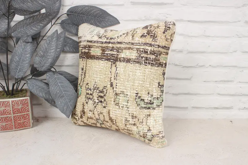 Boho Pillow, Vintage Kilim Throw Pillow, 14x14 Beige Pillow Sham, Lounge Throw Pillow Case, Bright Cushion Case, Vintage Kilim Pillow, Cushion Cover - 4