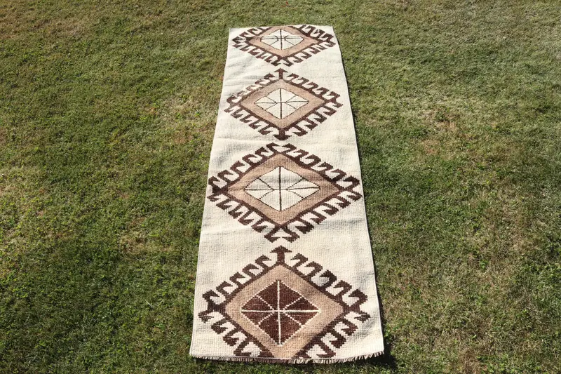 2.4x7.9 ft Halı, Türk Herki Halısı, Vintage Kahverengi Yün Paisley Halısı - 1