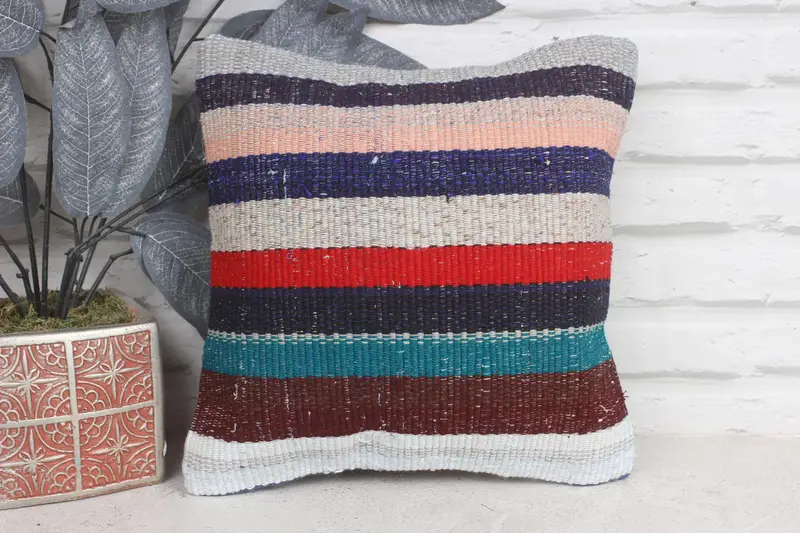 Vintage Pillow, Ethnic Throw Pillow Case, Cushion Cover, 12x12 Blue Pillow Case, Bed Pillow Cover, Kilim Pillow, Kilim Cushion Sham - 1