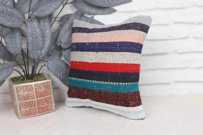 Vintage Pillow, Ethnic Throw Pillow Case, Cushion Cover, 12x12 Blue Pillow Case, Bed Pillow Cover, Kilim Pillow, Kilim Cushion Sham - 3
