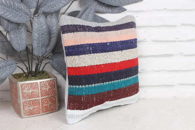 Vintage Pillow, Ethnic Throw Pillow Case, Cushion Cover, 12x12 Blue Pillow Case, Bed Pillow Cover, Kilim Pillow, Kilim Cushion Sham - 4