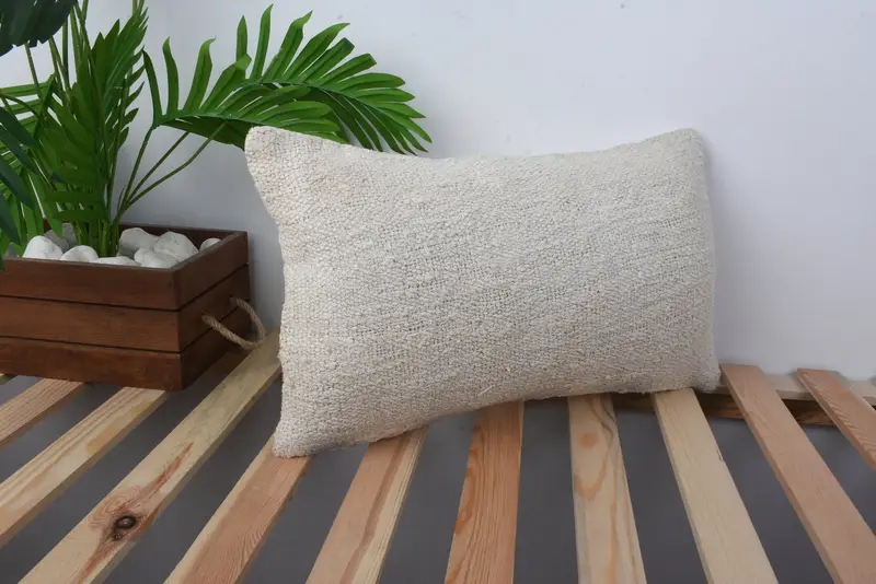 Boho Pillow Sham Cover, Cushion Cover, 12x20 Beige Cushion Cover, Turkish Pillow, Ethnical Kilim Rug Pillow, Garden Cushion Case, Knitted Pillow - 4
