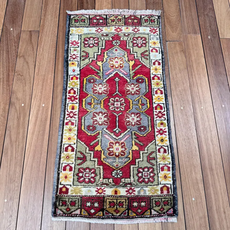1.6x3.2 ft Small Vintage Rug, Turkish Rug, Red Blue Southwestern Wool Rug - 1