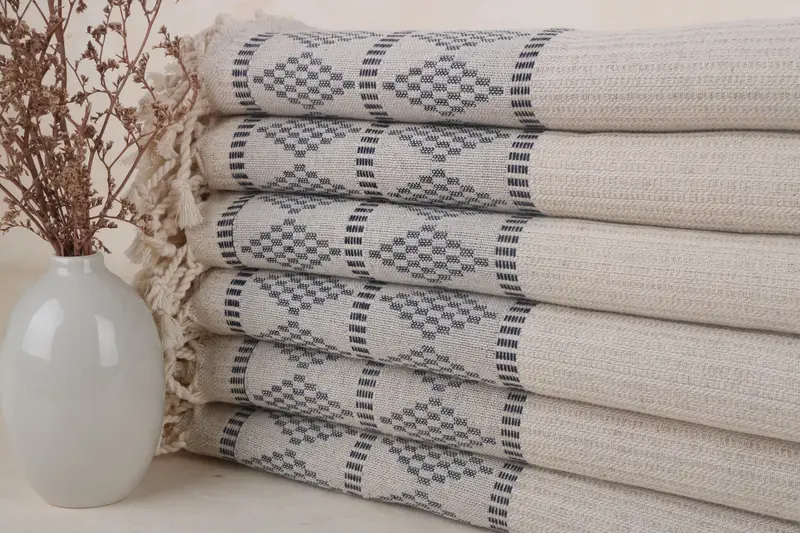 Personalized Gift Box Navy Kilim Design Linen Towel, 36x71 Inches