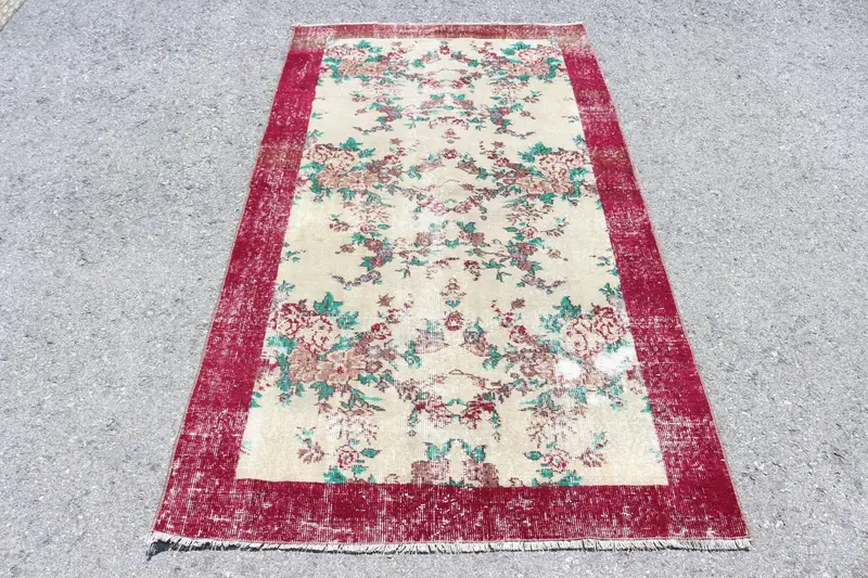 Oushak Vintage Halı, 3.6x6.7 ft Türk Halısı, Kırmızı Kareli Yün Halı - 1