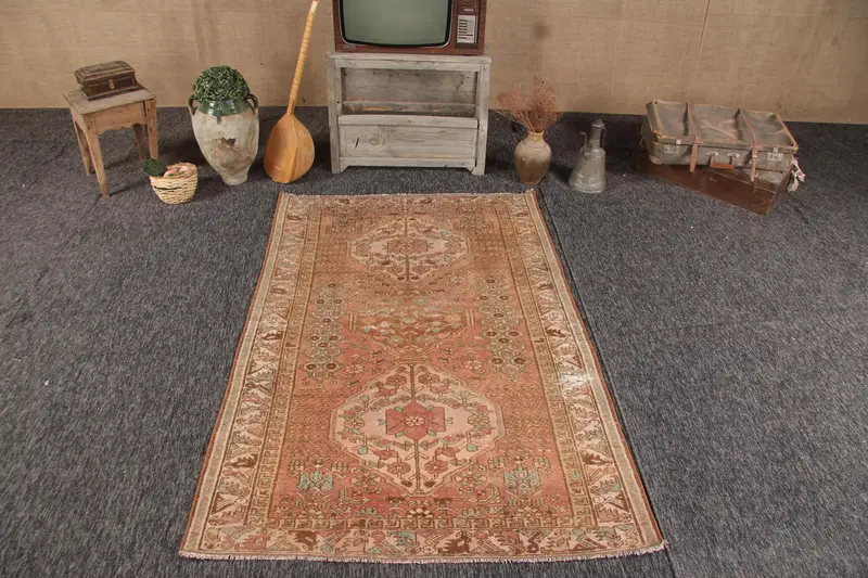 Vintage Türk Halısı, 4.2x6.46 ft Oushak Halı, Kahverengi Çizgili Yün Halı - 1