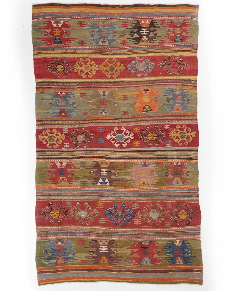 Kırmızı Halı, Yeşil Desenli 5,7x9,4 ft