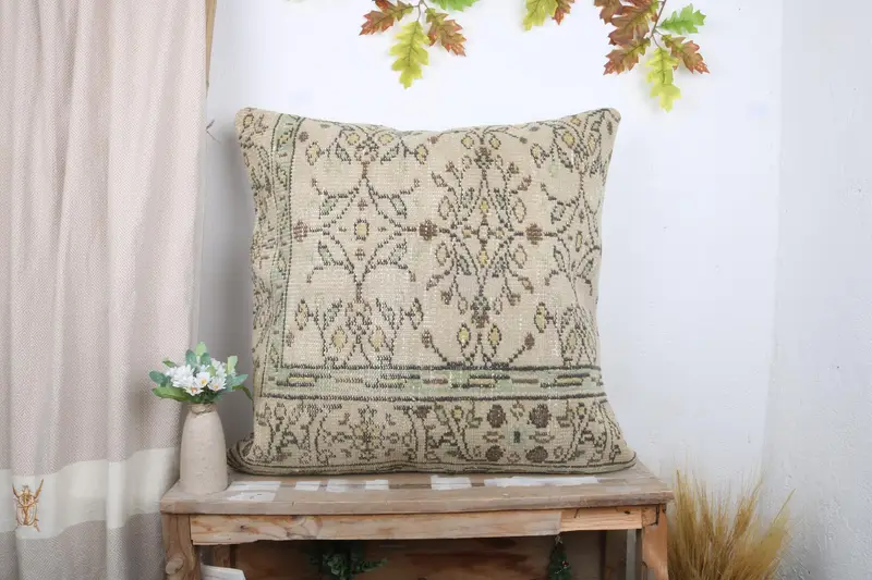 Cushion, 28x28 Beige Pillow, Accent Throw Cushion, Bolster Pillow Case, Vintage Pillow, Interior Designer Pillow, Boho Pillow - 1