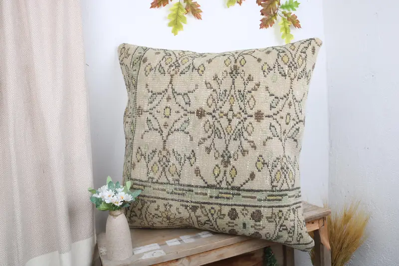Cushion, 28x28 Beige Pillow, Accent Throw Cushion, Bolster Pillow Case, Vintage Pillow, Interior Designer Pillow, Boho Pillow - 4