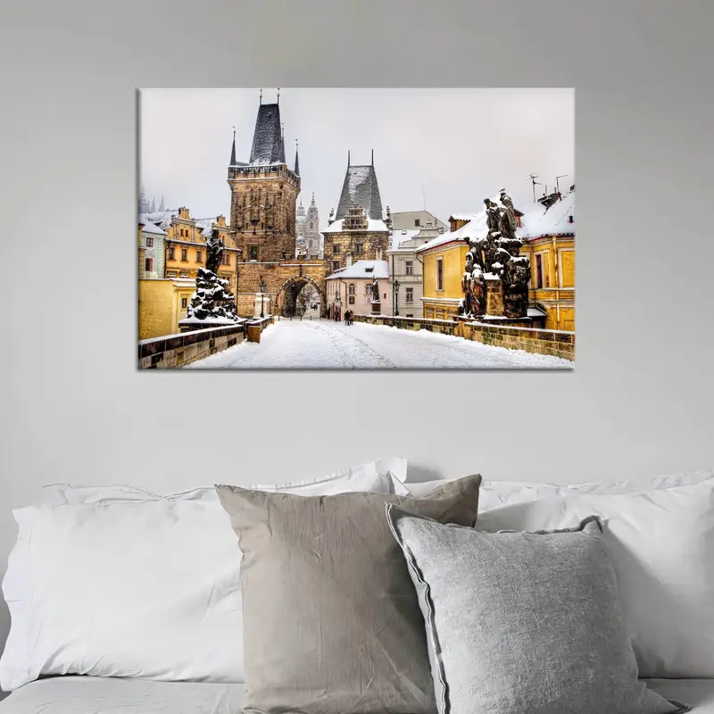 Enchanting Prague Cityscape Winter Canvas Print: Elegant Decor