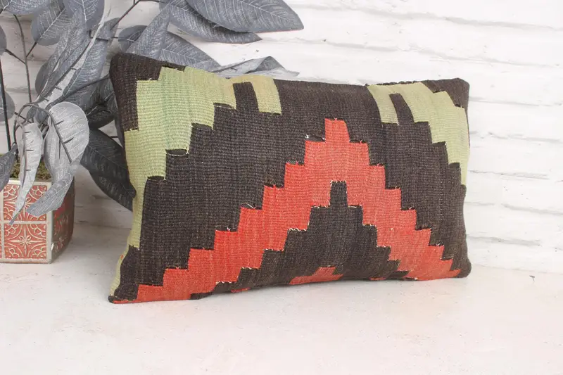 Turkish Kilim Pillow, Vintage Pillow, Pillow Cover, Outdoor Cushion Case, Pillow for Sofa, Colorful Pillow, 12x20 Brown Pillow Case - 3