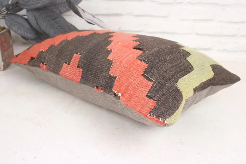 Turkish Kilim Pillow, Vintage Pillow, Pillow Cover, Outdoor Cushion Case, Pillow for Sofa, Colorful Pillow, 12x20 Brown Pillow Case - 6
