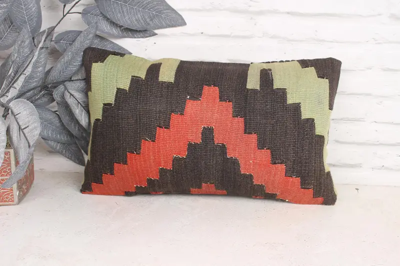Turkish Kilim Pillow, Vintage Pillow, Pillow Cover, Outdoor Cushion Case, Pillow for Sofa, Colorful Pillow, 12x20 Brown Pillow Case - 1