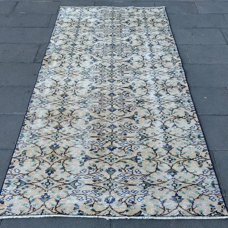 Zarif Bej ve Mavi İkat Halı, 4,2x7,8 ft