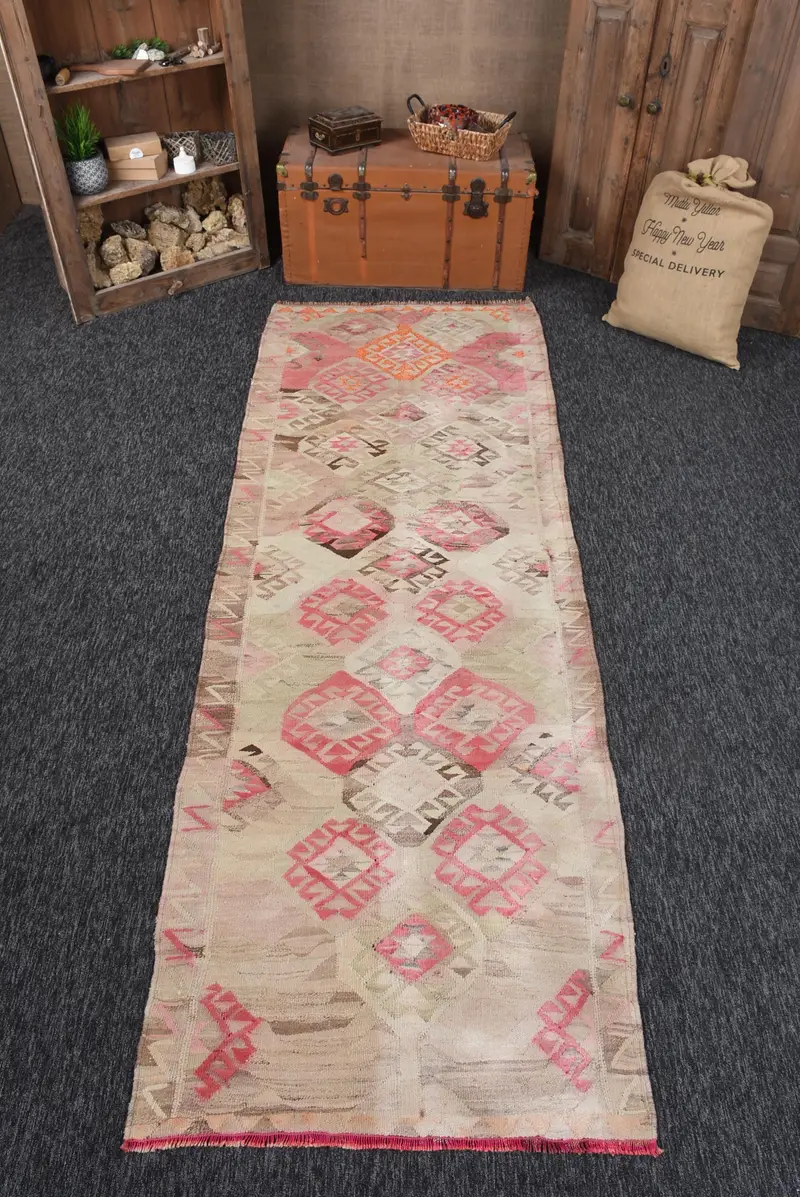 Turkish Kilim Rug 3.3x10 ft, Pink Brown Animal Print Wool Vintage Rug - 1