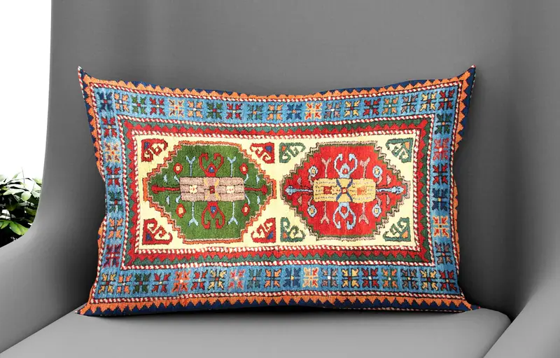 Handgefertigtes besticktes Kissen, Vintage-Kissenbezug in Blau und Rot