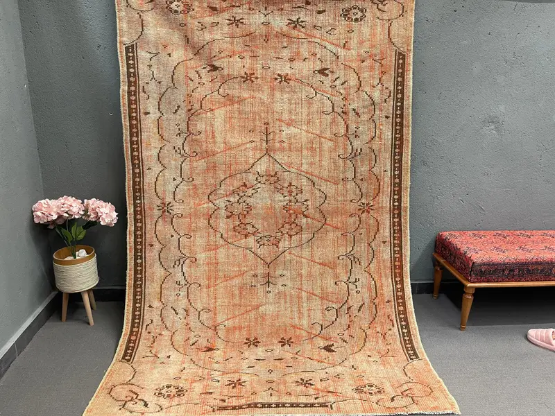 Alfombra turca vintage Oushak grande 1,80 x 2,50 m, alfombra a cuadros naranja de lana - 1