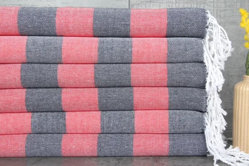 Turkish Hand Towel Black-Red Stripe Organic Cotton, 18x40 Inches