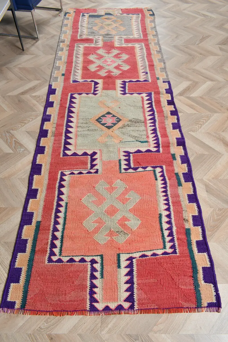 Vintage Halı, 3.1x9.8 ft Türk Halısı, Kırmızı Mor Katı Yün Halı - 1