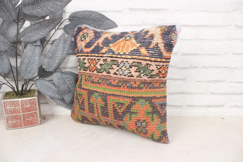 Vintage Kilim atma yastığı, Türk yastığı, 14x14 mavi yastık örtüsü, yastık kılıfı, atma yastık, dekoratif atma yastık kılıfı - 4