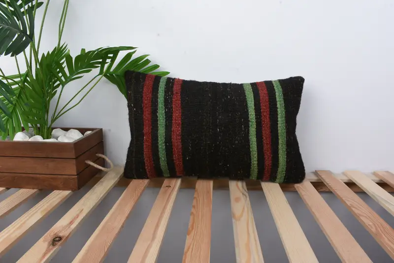 Pattern Throw Pillow Sham, 12x20 Black Cushion, Handmade Kilim Cushion, Kilim Pillow, Gift Pillow, Turkish Rugs Cushion, Cushion Cover - 1