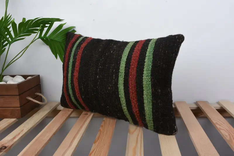 Pattern Throw Pillow Sham, 12x20 Black Cushion, Handmade Kilim Cushion, Kilim Pillow, Gift Pillow, Turkish Rugs Cushion, Cushion Cover - 5