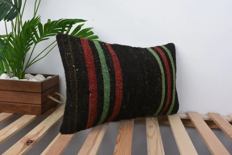 Pattern Throw Pillow Sham, 12x20 Black Cushion, Handmade Kilim Cushion, Kilim Pillow, Gift Pillow, Turkish Rugs Cushion, Cushion Cover - 4