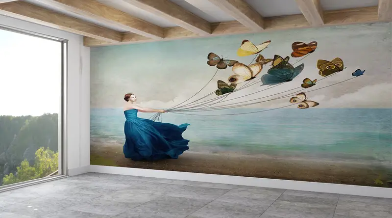 紙の壁のアート、壁紙の皮とスティック、蝶のある女性、3D壁紙、蝶の壁の装飾、 - 7