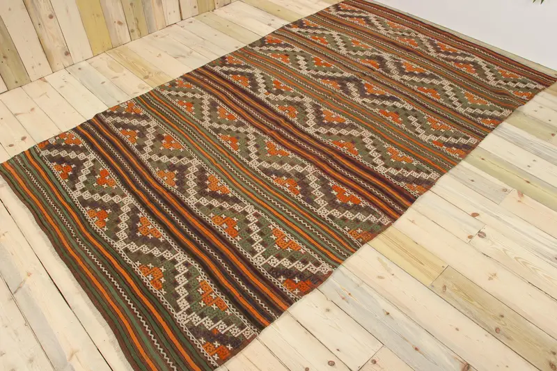 Vintage Rug, Large 5.2x9 ft Turkish Rug, Orange Solid Wool Rug - 1