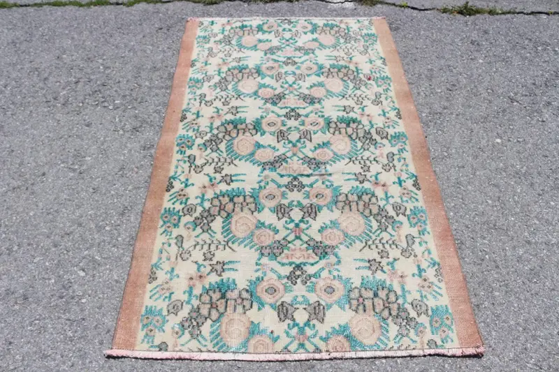 3.5x5.7 ft Türk Halısı, Vintage Vurgu Halısı, Mavi Pembe Kamuflaj Halısı - 1
