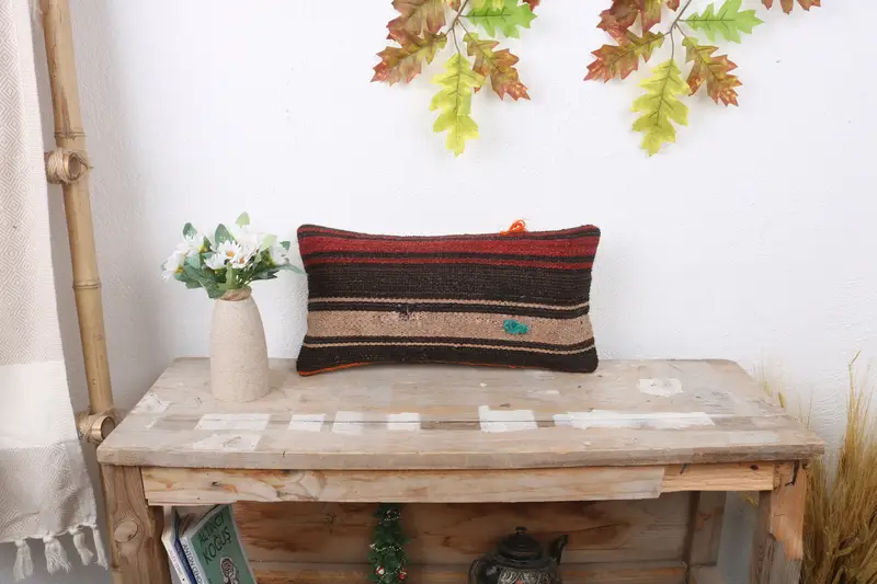 Pillow Case, Cotton Pillow Cover, 8x16 Brown Pillow, Pillow for Sofa, Handmade Cushion, Boho Pillow Sham Cover, Turkish Kilim Pillow - 1