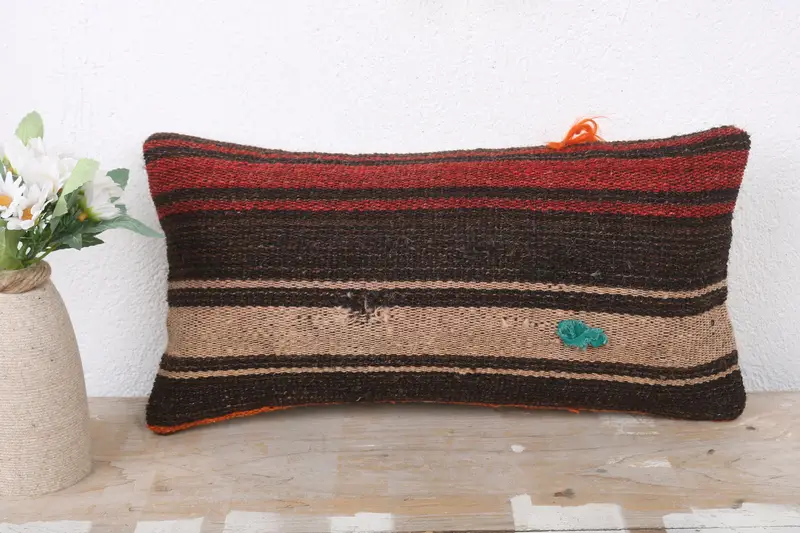 Pillow Case, Cotton Pillow Cover, 8x16 Brown Pillow, Pillow for Sofa, Handmade Cushion, Boho Pillow Sham Cover, Turkish Kilim Pillow - 2